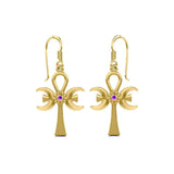 A breath of life ~ Triple Goddess Ankh Solid Yellow Gold Hook Earrings with Gemstone GER1708