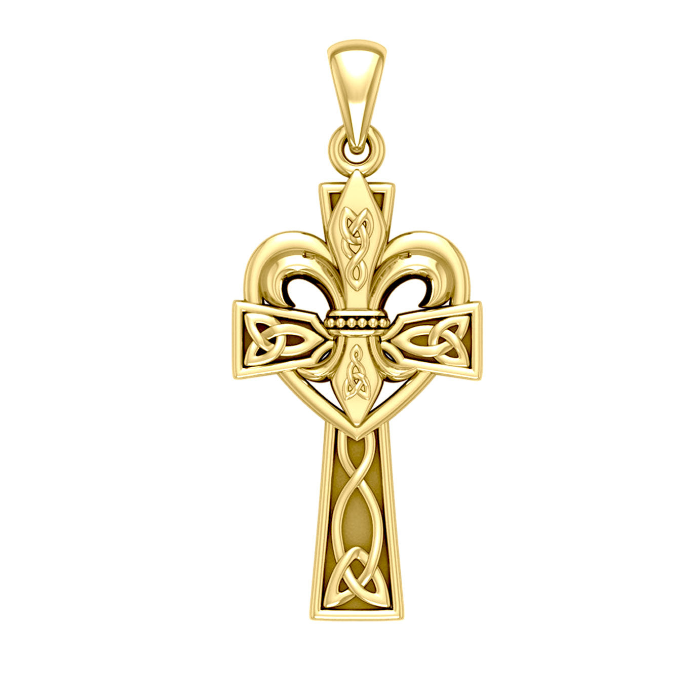 A powerful combination of Celtic elements ~ 14K Solid Gold Pendant in Fleur-de-Lis and Celtic Cross GPD5994