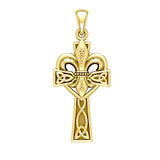 A powerful combination of Celtic elements ~ 14K Solid Gold Pendant in Fleur-de-Lis and Celtic Cross GPD5994