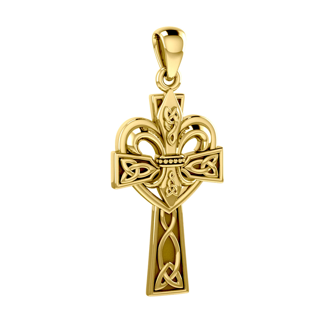 A powerful combination of Celtic elements ~ 14K Solid Gold Pendant in Fleur-de-Lis and Celtic Cross GPD5994