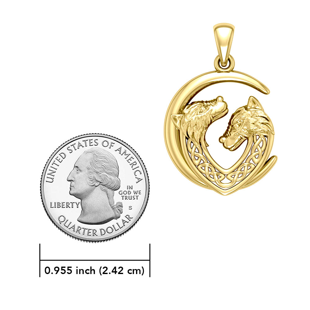 Double Celtic Wolves with Crescent Moon Solid Gold Pendant GPD6042