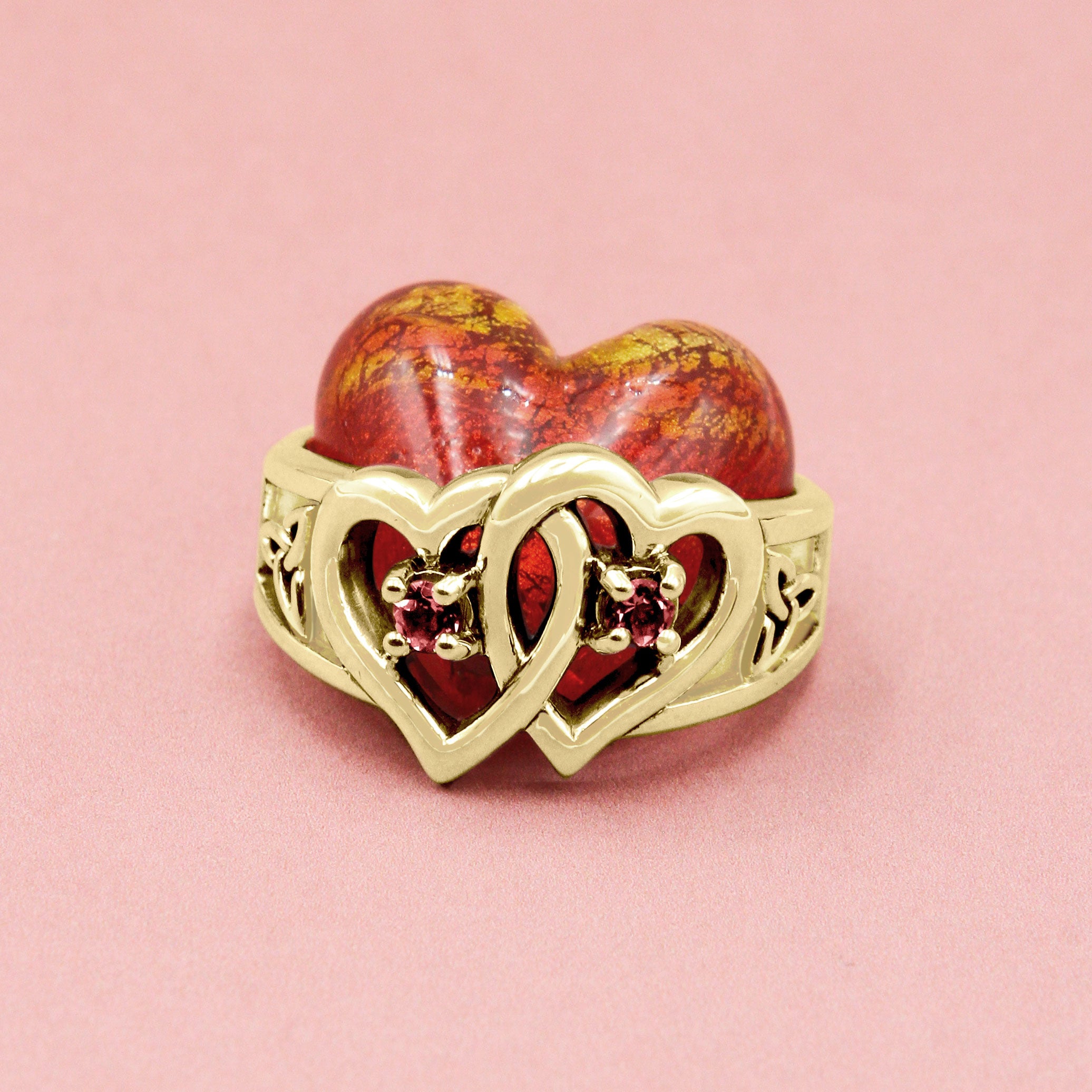 Celtic Double Heart And Trinity With Gemstone Solid Gold Ring GRI2392