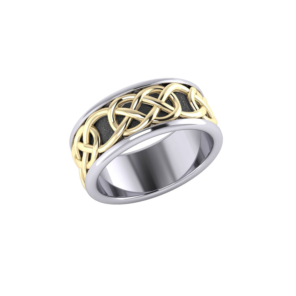 Intertwined eternity in all directions ~ Celtic Knotwork Sterling Silver Ring in 14K Gold accent MRI1206