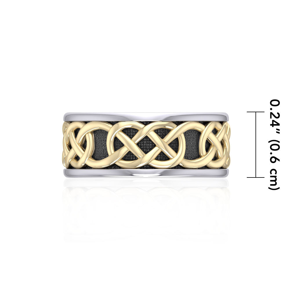 Intertwined eternity in all directions ~ Celtic Knotwork Sterling Silver Ring in 14K Gold accent MRI1206