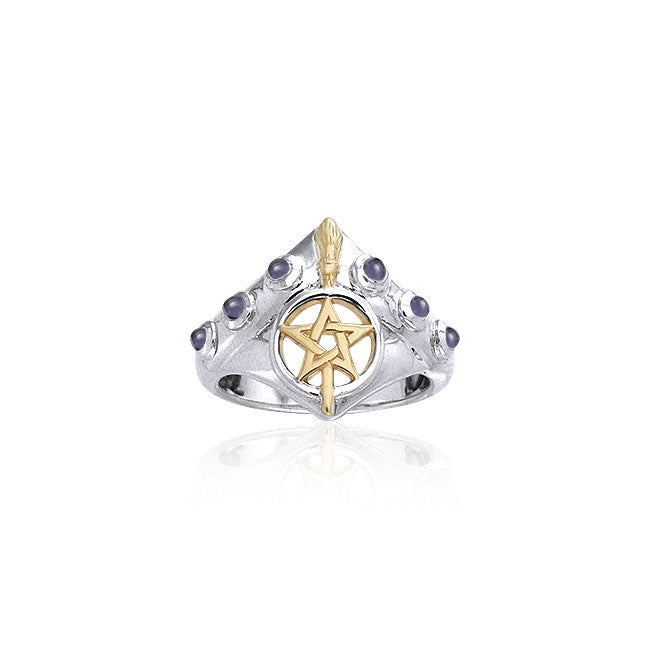 Broomstick & Pentacle Silver and 18K Gold Accent Ring MRI343