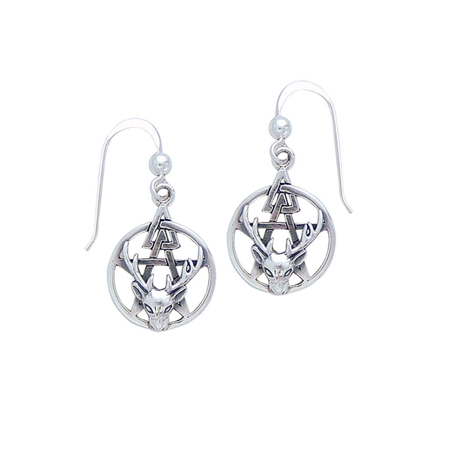 The Third Degree Pentacle with Dear Head Silver Earrings TE2796