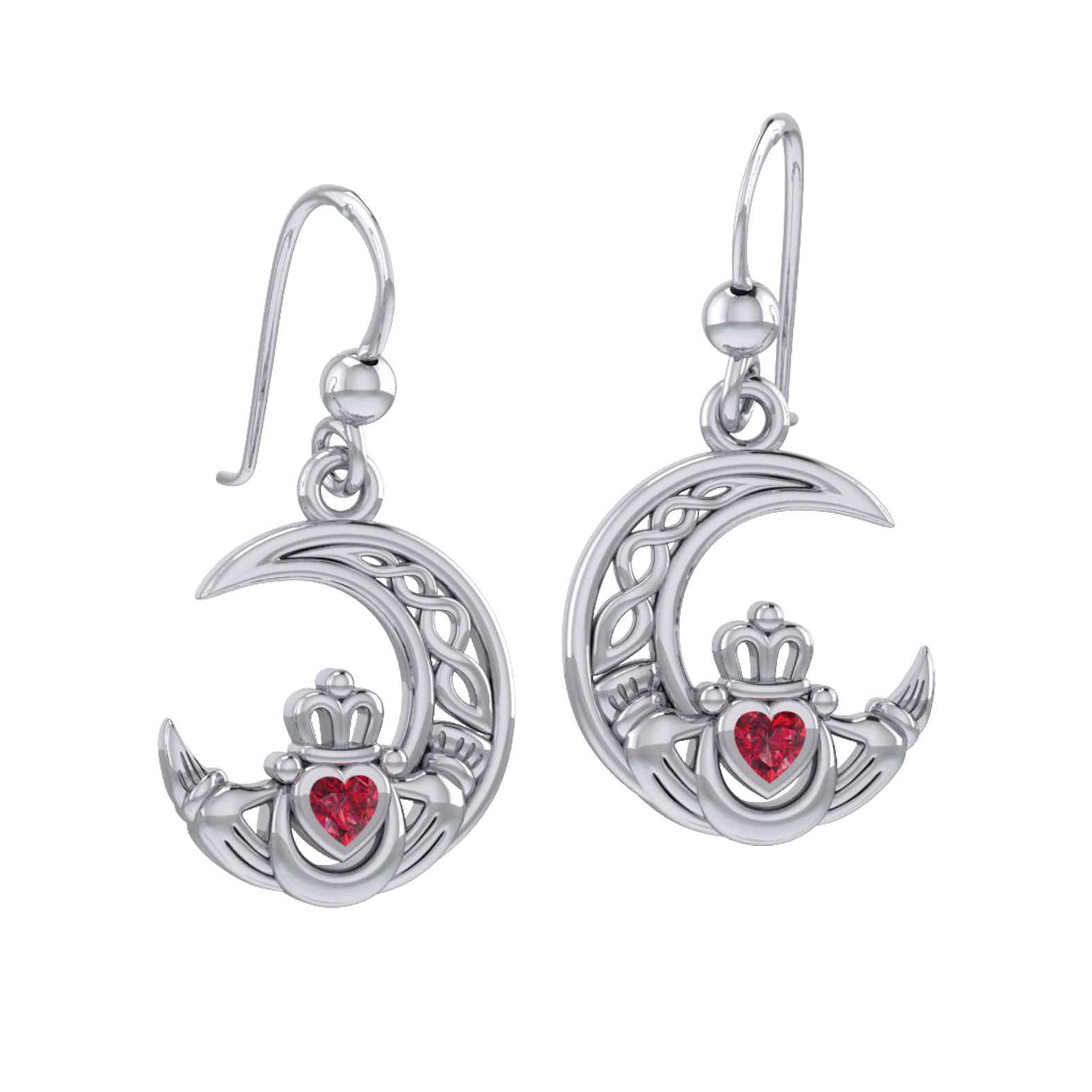 Claddagh on Celtic Moon Silver Earrings with Heart Gemstone TER2173