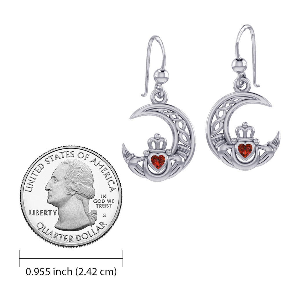 Claddagh on Celtic Moon Silver Earrings with Heart Gemstone TER2173