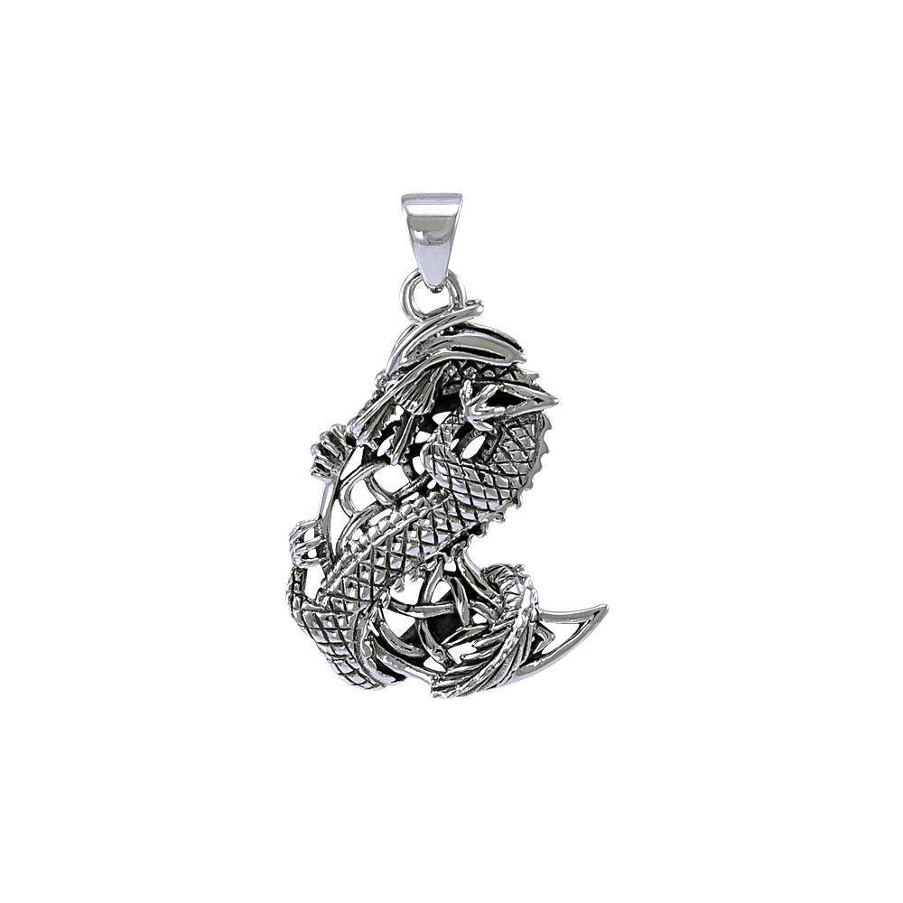 The Mythical Dragon Clutching Celtic Moon Sterling Silver Pendant TP992