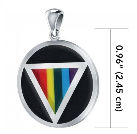 Rainbow Triangle Inlay with Black Onyk  LGBTQ Pride Round SilverPendant TPD328