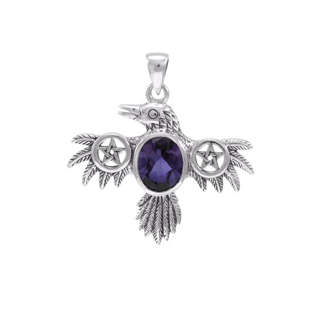 Raven with Pentacle Wings and Gemstone Silver Pendant TPD4332