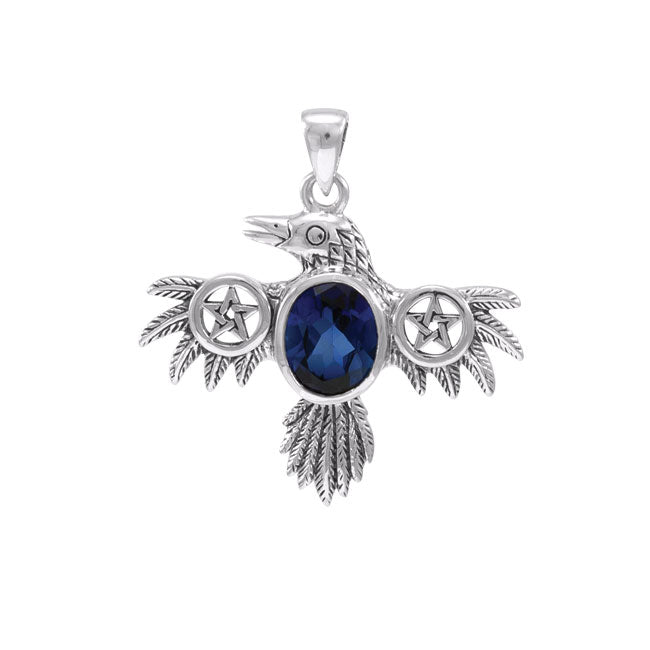 Raven with Pentacle Wings and Gemstone Silver Pendant TPD4332