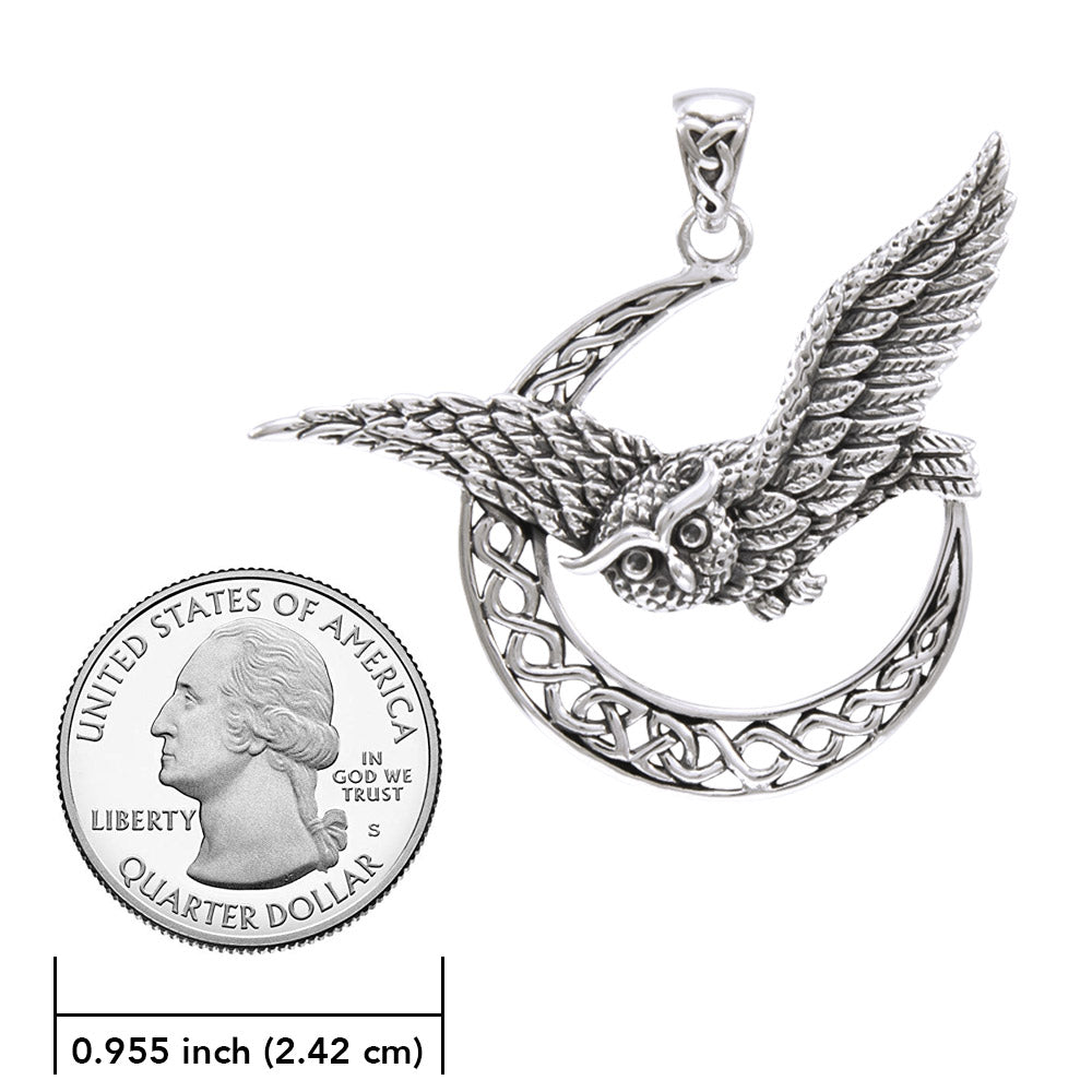 Owl with Celtic Crescent Moon Silver Pendant TPD4337