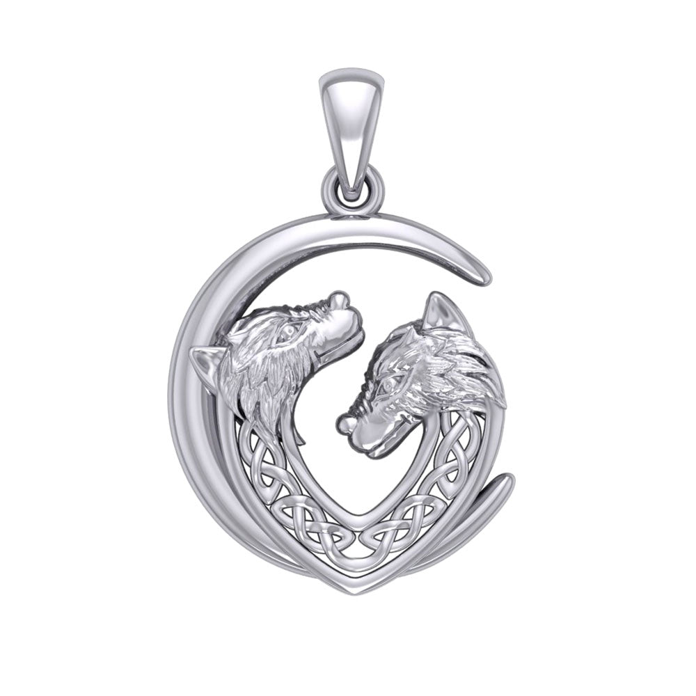 Double Celtic Wolves with Crescent Moon Silver Pendant TPD6042