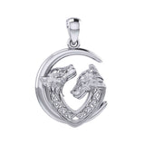 Double Celtic Wolves with Crescent Moon Silver Pendant TPD6042
