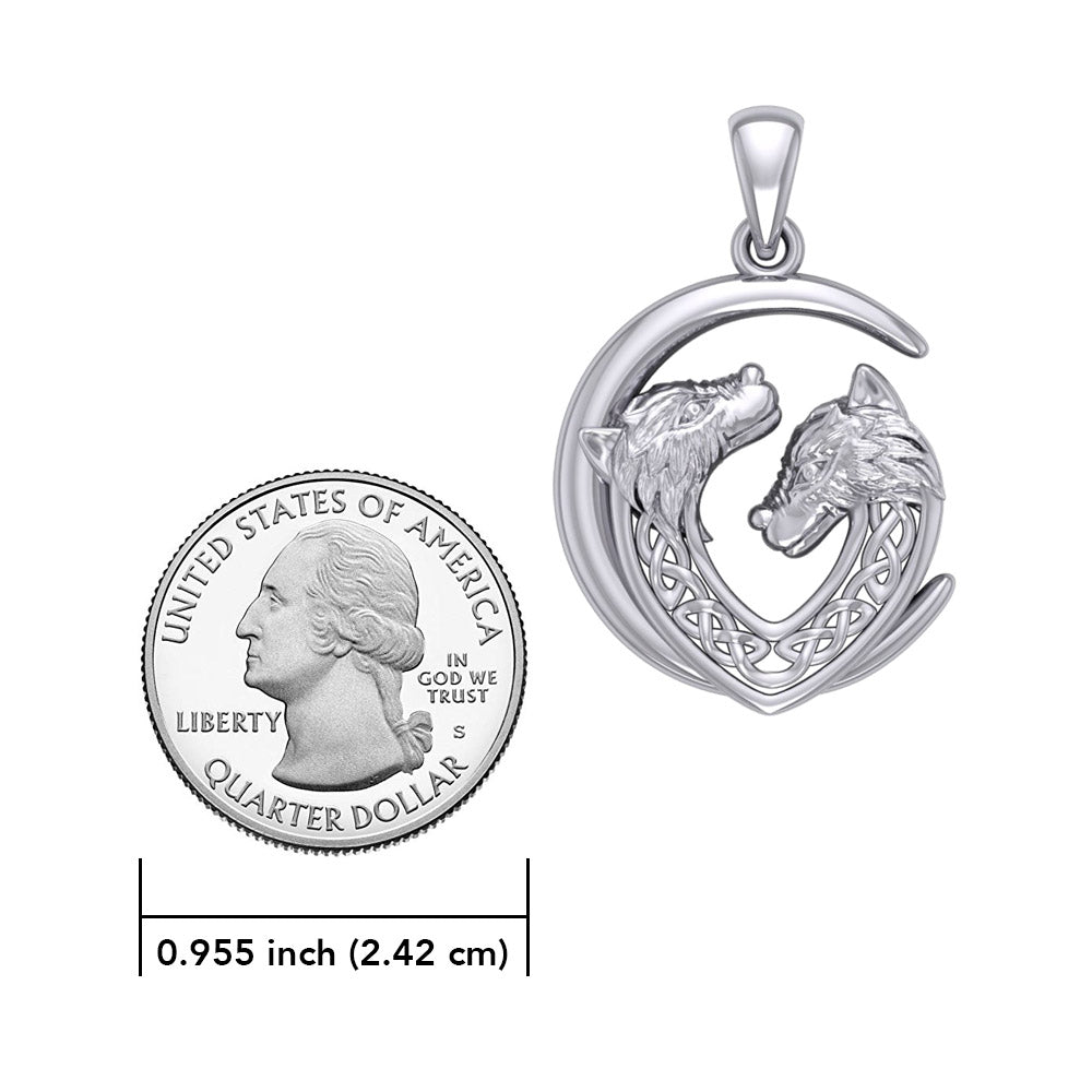 Double Celtic Wolves with Crescent Moon Silver Pendant TPD6042