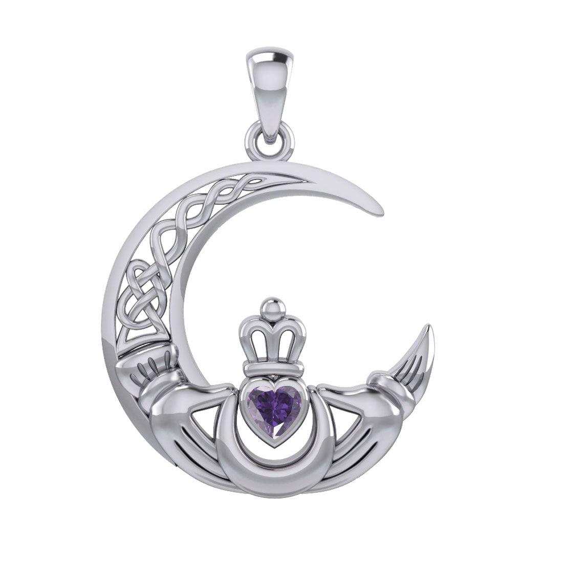 Claddagh on Celtic Moon Silver Pendant with Heart Gemstone TPD6125