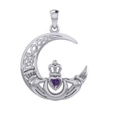 Claddagh on Celtic Moon Silver Pendant with Heart Gemstone TPD6125