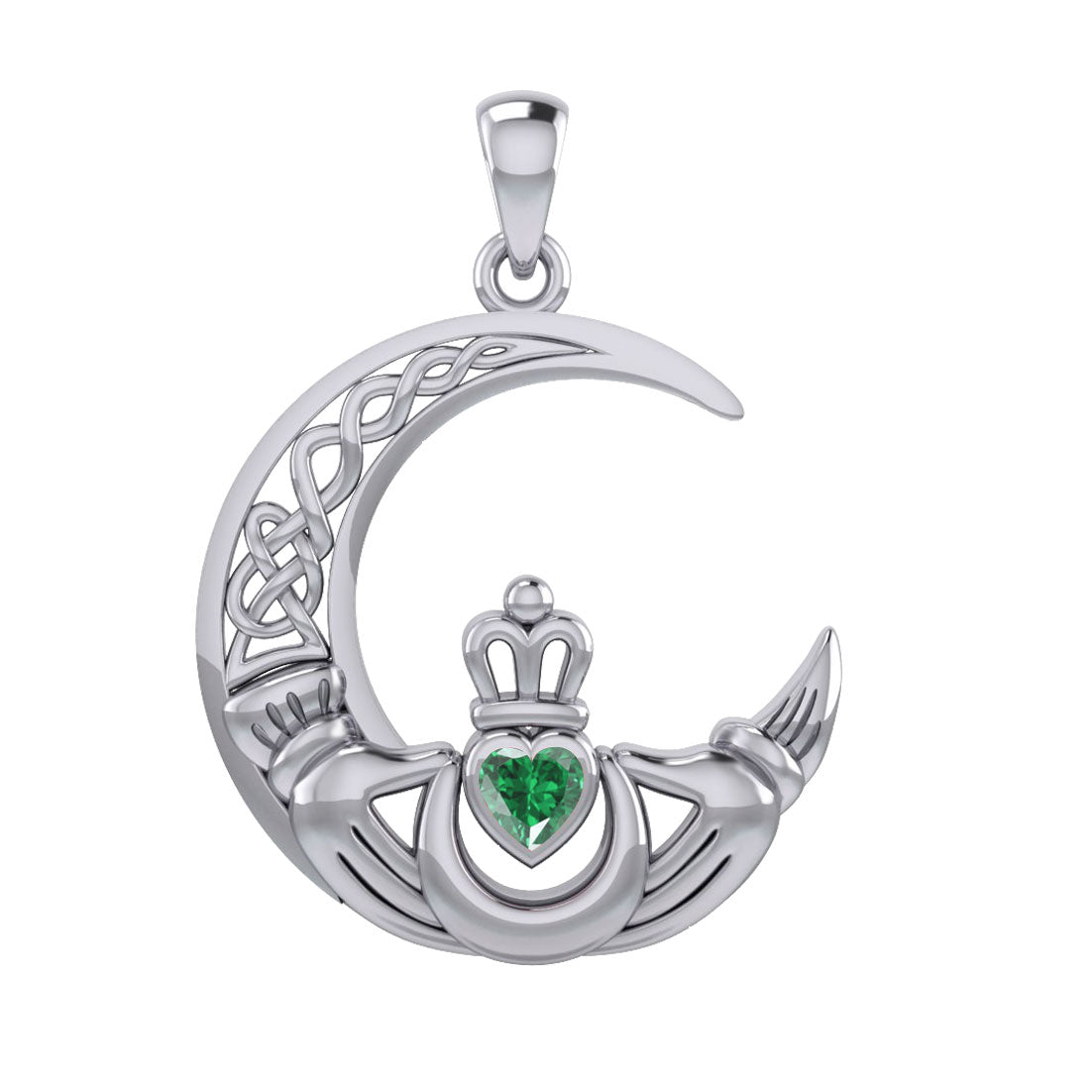 Claddagh on Celtic Moon Silver Pendant with Heart Gemstone TPD6125