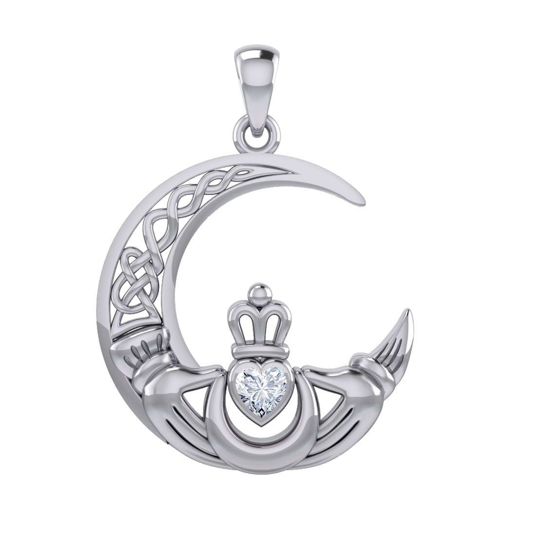 Claddagh on Celtic Moon Silver Pendant with Heart Gemstone TPD6125