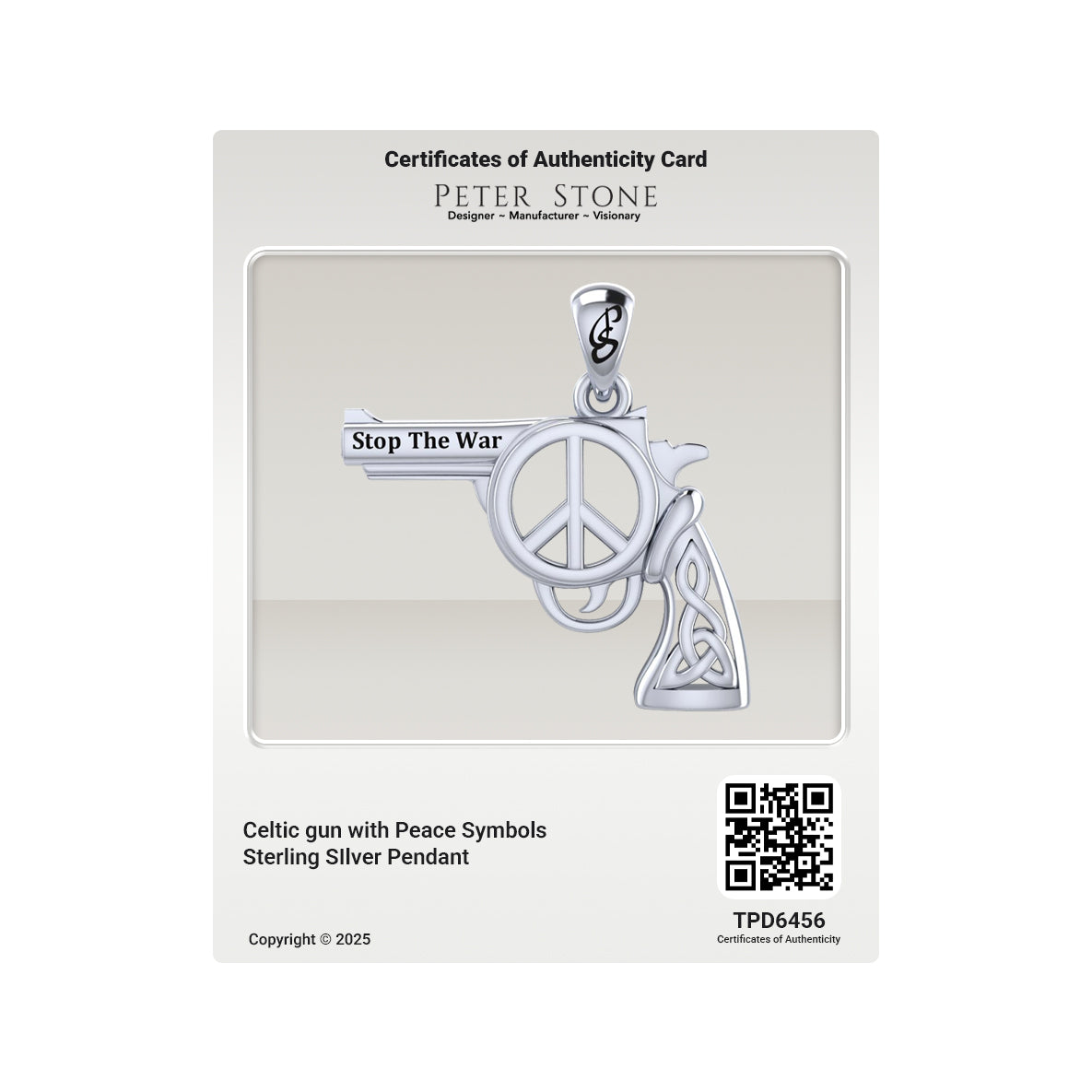 Celtic gun with Peace Symbols Sterling SIlver Pendant TPD6456