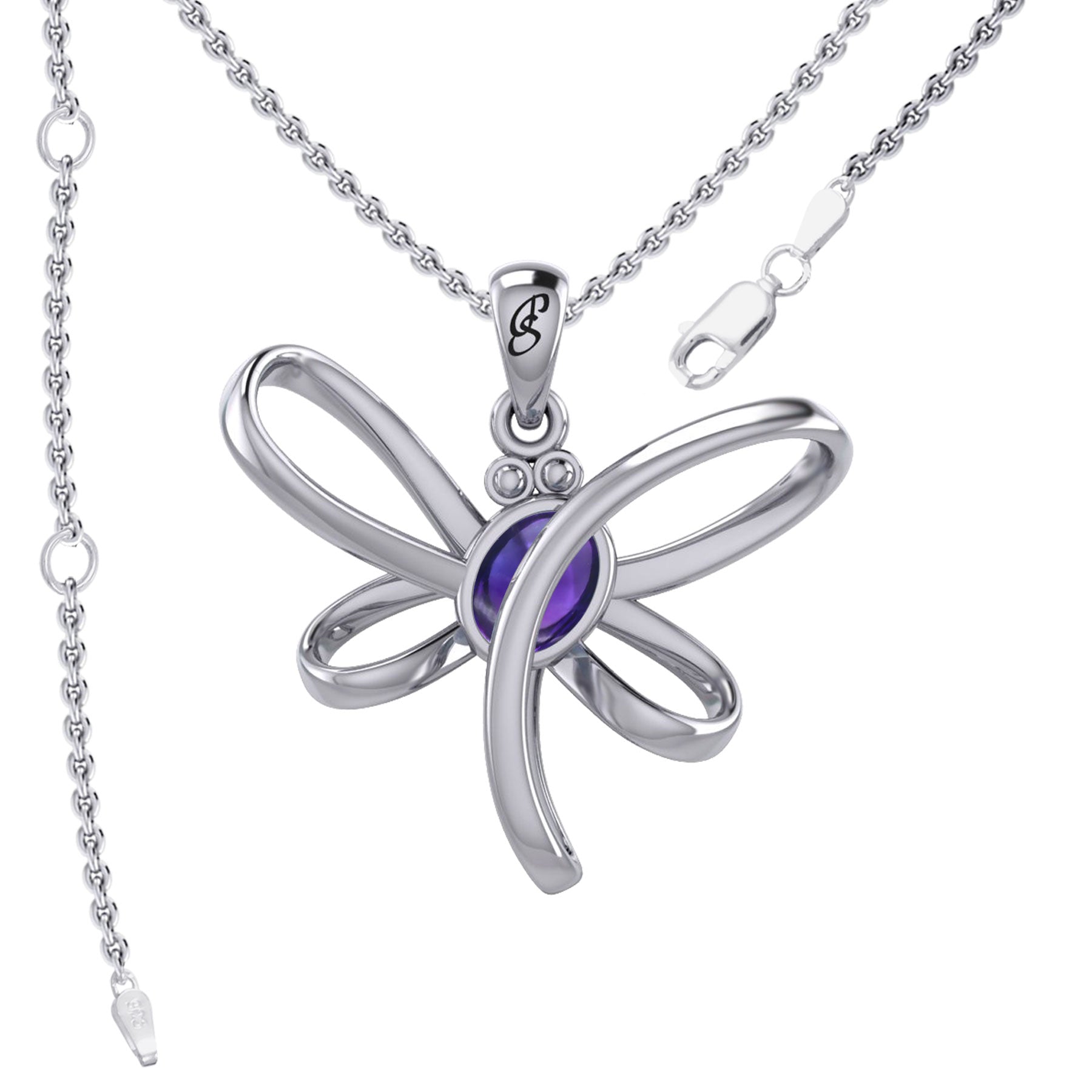 Serenity Soars: Eternal Dragonfly Sterling Silver Pendant with Oval Gemstone Connection by Peter Stone Jewelry - Inspiring Your Journey to Success TPD6212
