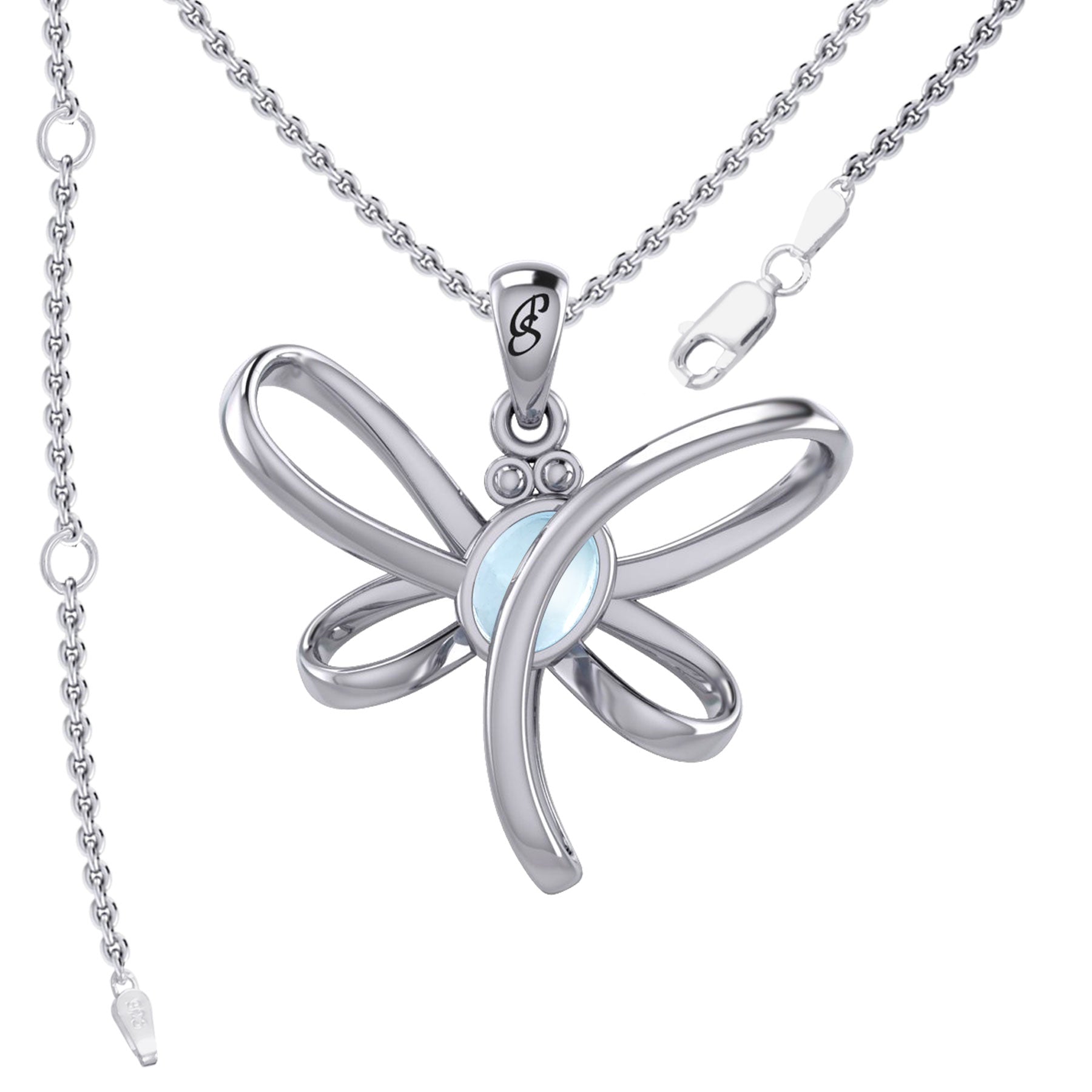 Serenity Soars: Eternal Dragonfly Sterling Silver Pendant with Oval Gemstone Connection by Peter Stone Jewelry - Inspiring Your Journey to Success TPD6212
