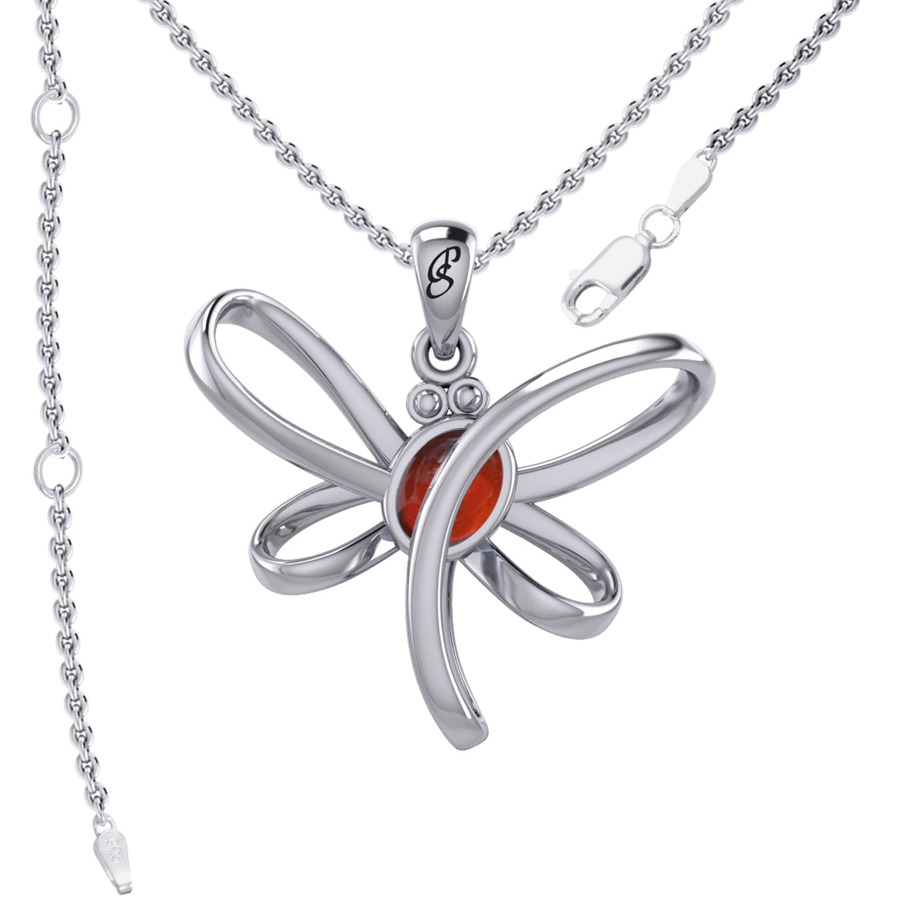 Serenity Soars: Eternal Dragonfly Sterling Silver Pendant with Oval Gemstone Connection by Peter Stone Jewelry - Inspiring Your Journey to Success TPD6212