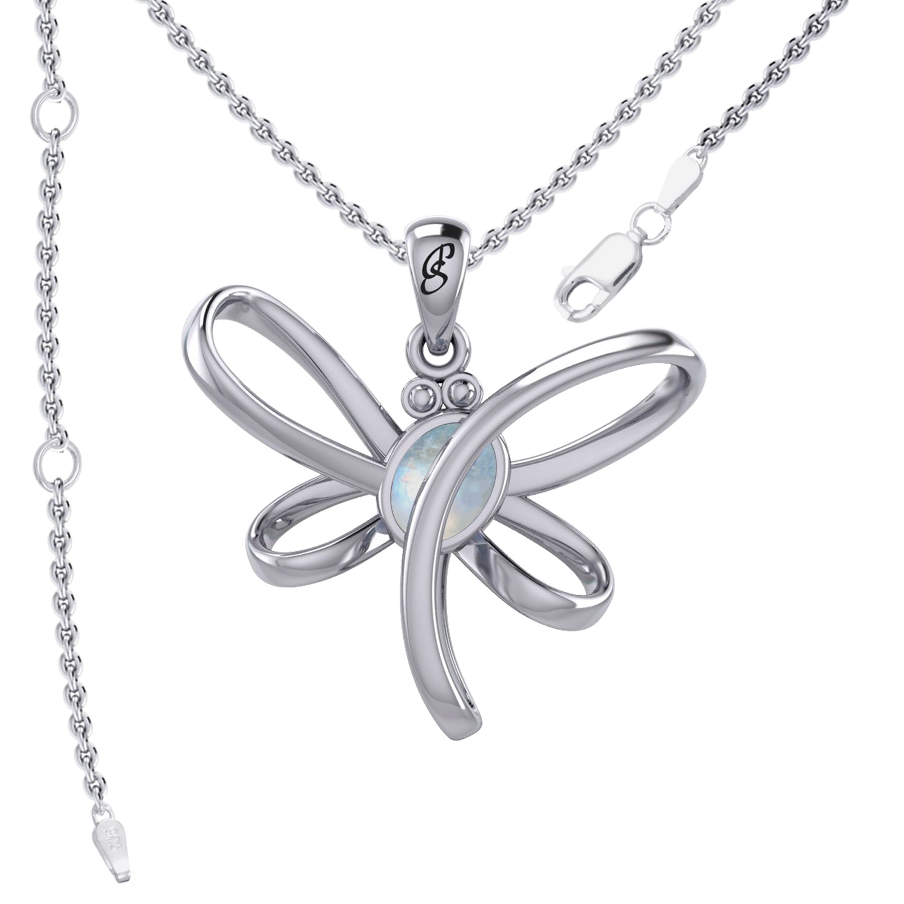 Serenity Soars: Eternal Dragonfly Sterling Silver Pendant with Oval Gemstone Connection by Peter Stone Jewelry - Inspiring Your Journey to Success TPD6212