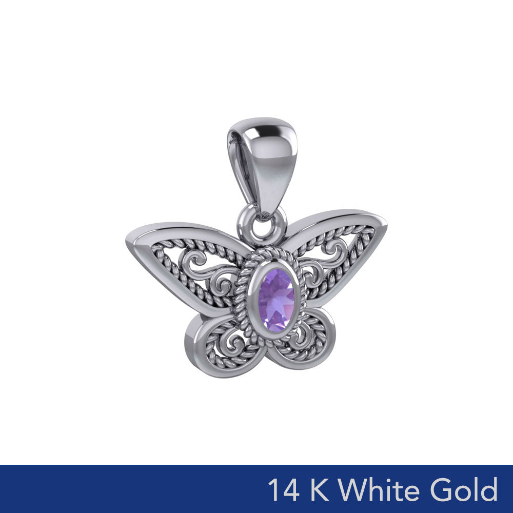 Life's colorful transformation ~ 14K White Gold Butterfly Pendant with Gemstone WPD3685