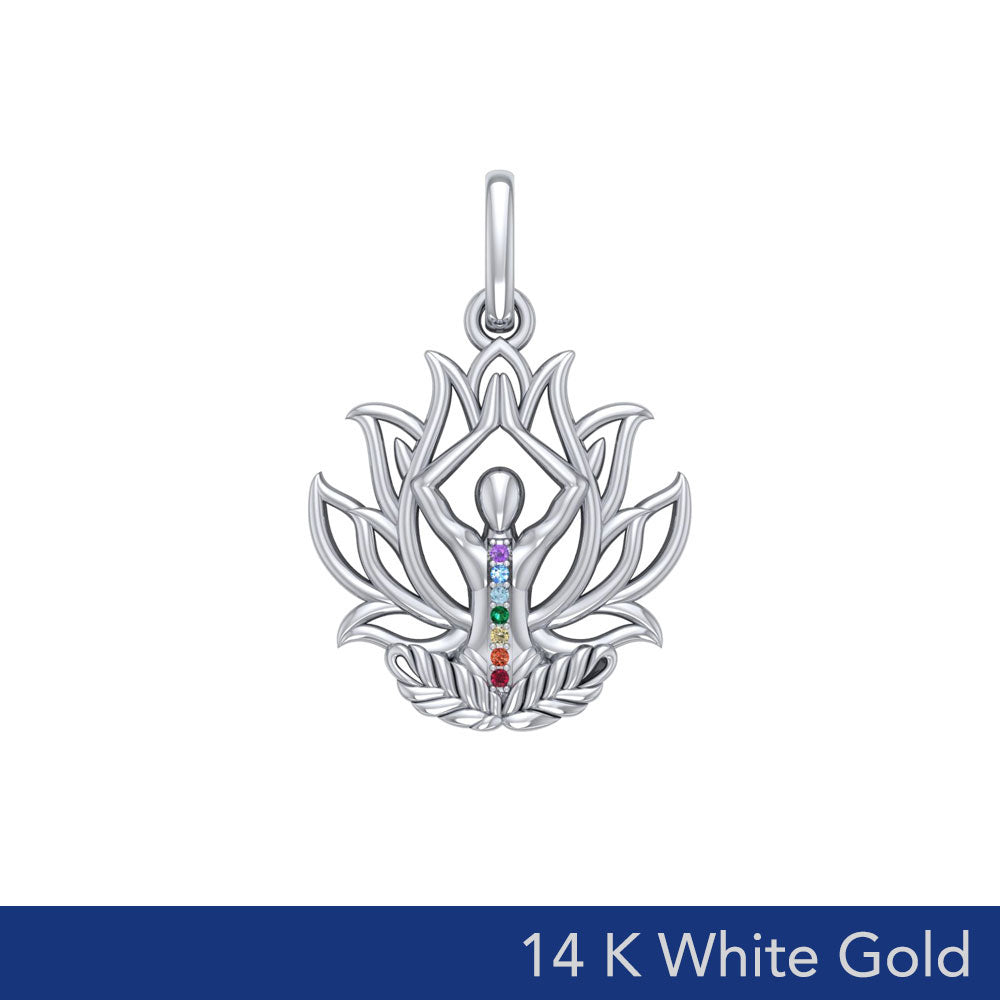 Yoga Lotus Position 14K White Gold Pendant with Chakra Gemstone WPD5023