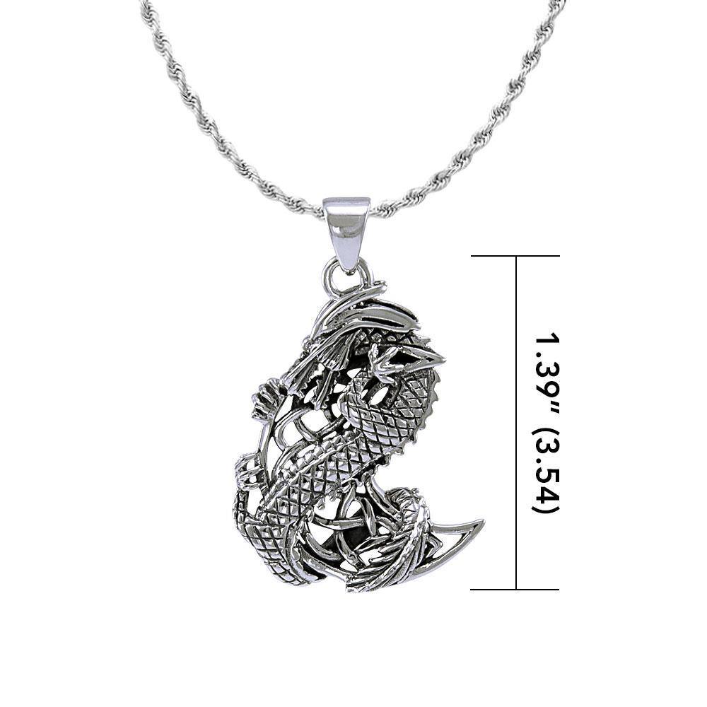 The Mythical Dragon Clutching Celtic Moon Sterling Silver Pendant TP992