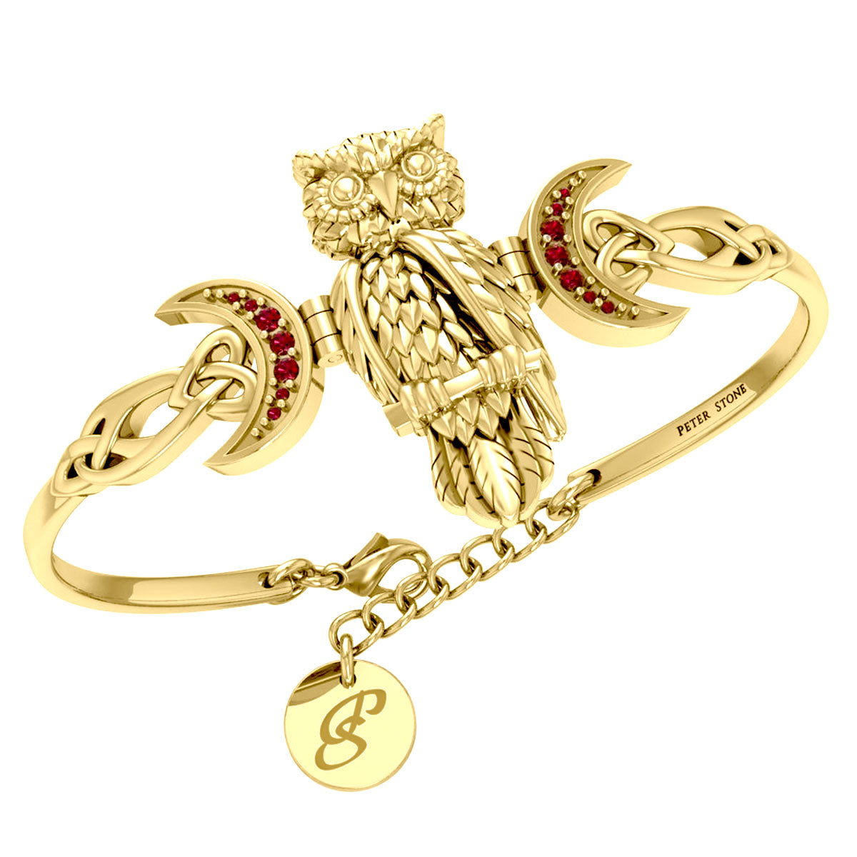 Great Horned Owl with Crescent Moon and Celtic Heart 14K Gold Cuff Bracelet GBA290