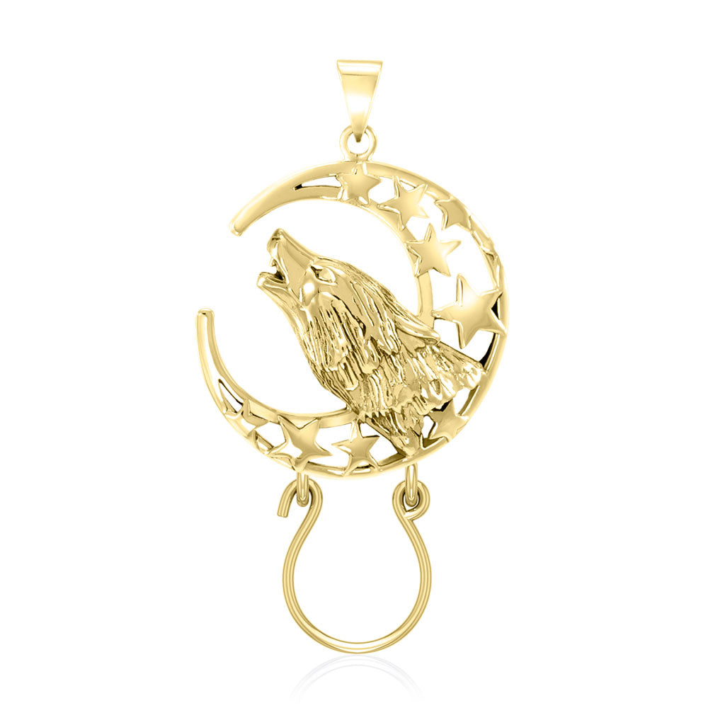 Baying Wolf and Moon 14 K Solid Gold Charm Holder Pendant GPD5083