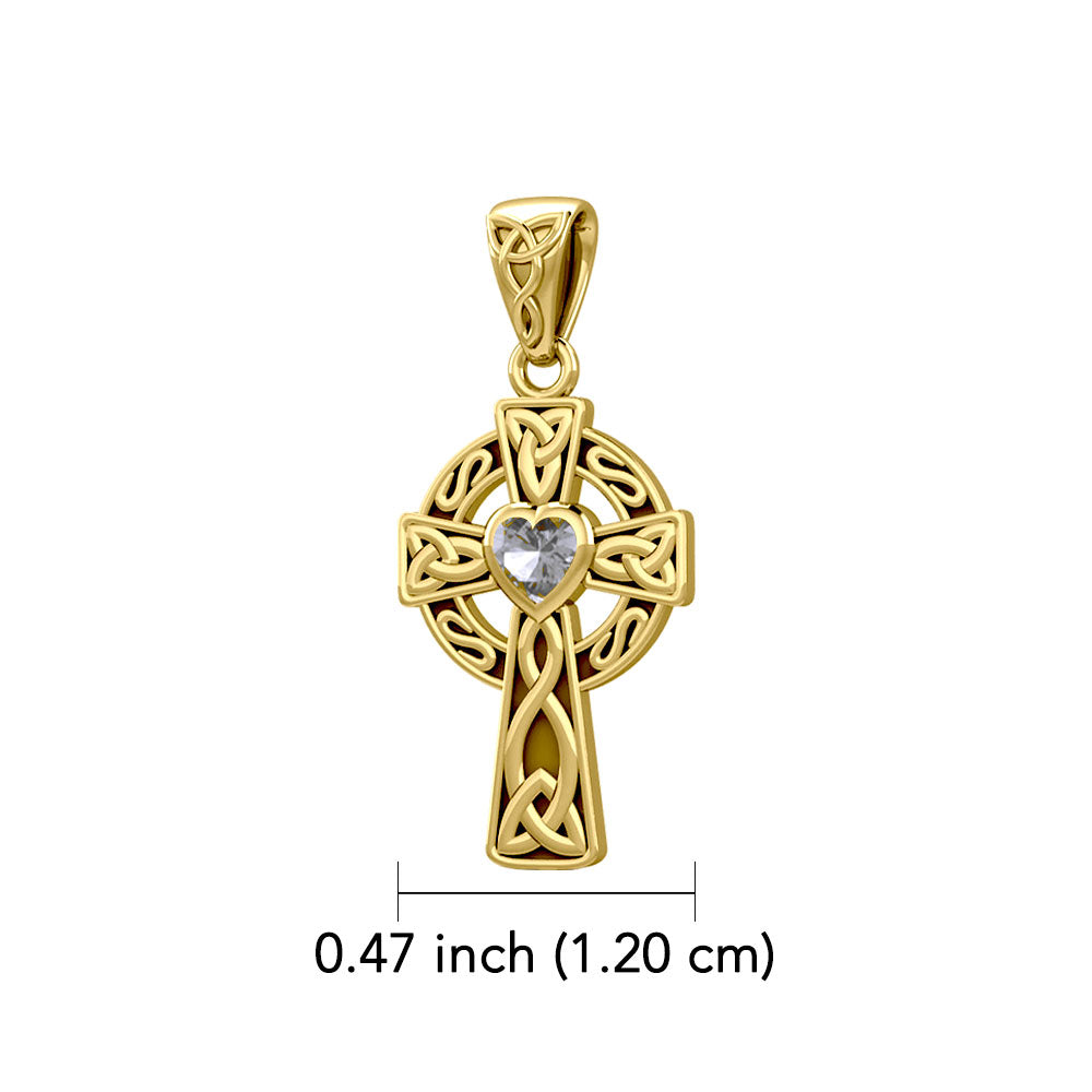 Celtic Cross 14K Yellow Gold Pendant with Heart Gemstone GPD5337