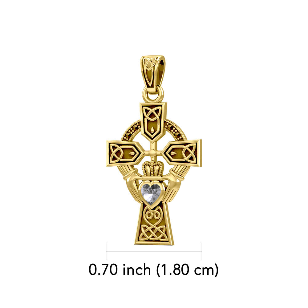 Celtic Cross and Irish Claddagh 14K Yellow Gold Pendant with Heart Gemstone GPD5340