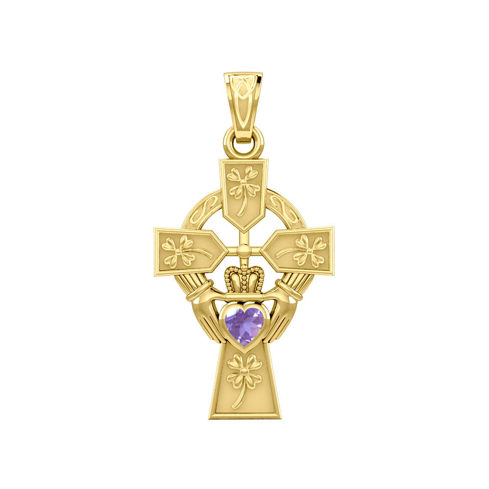 Claddagh Celtic Cross with Lucky Four Leaf Clover 14K Yellow Gold Pendant GPD5359