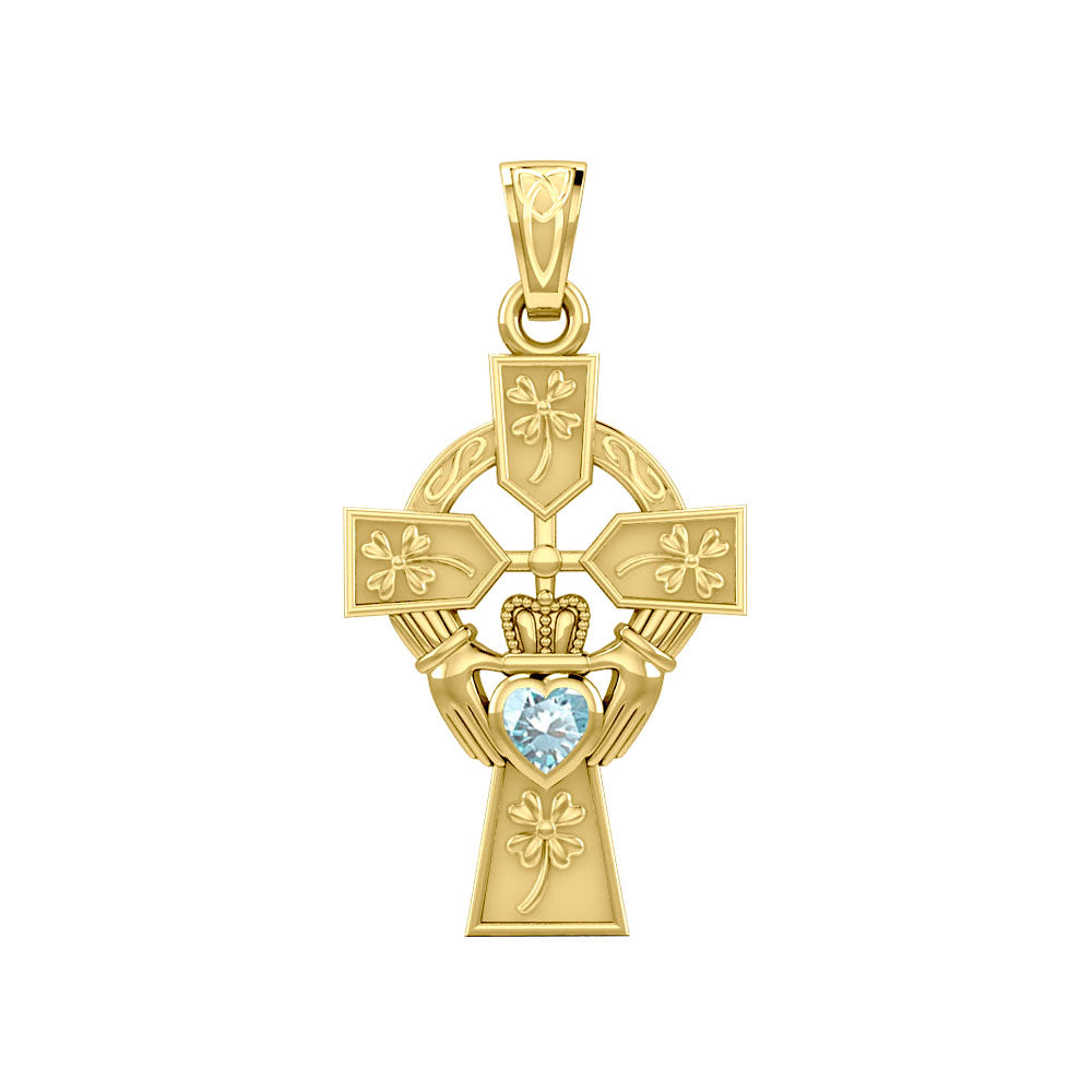 Claddagh Celtic Cross with Lucky Four Leaf Clover 14K Yellow Gold Pendant GPD5359