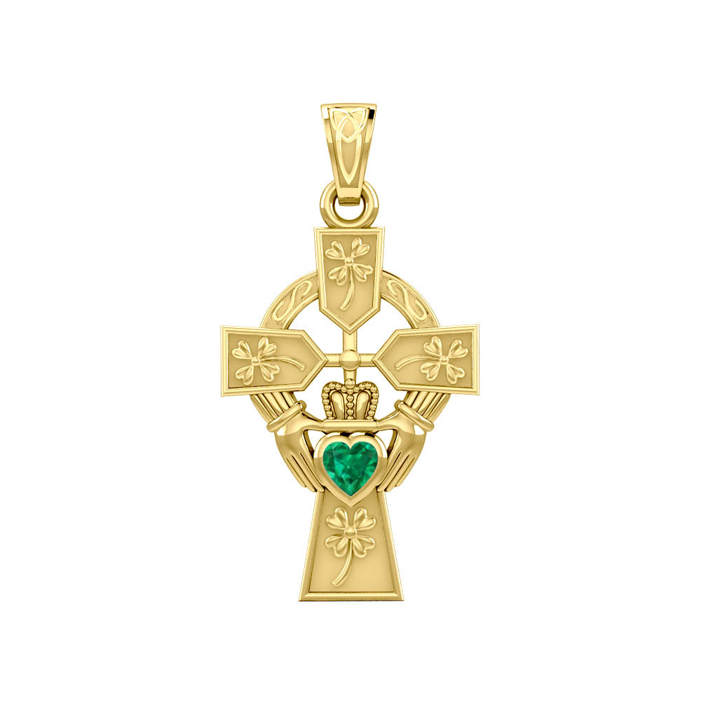 Claddagh Celtic Cross with Lucky Four Leaf Clover 14K Yellow Gold Pendant GPD5359