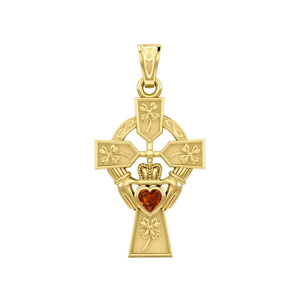 Claddagh Celtic Cross with Lucky Four Leaf Clover 14K Yellow Gold Pendant GPD5359