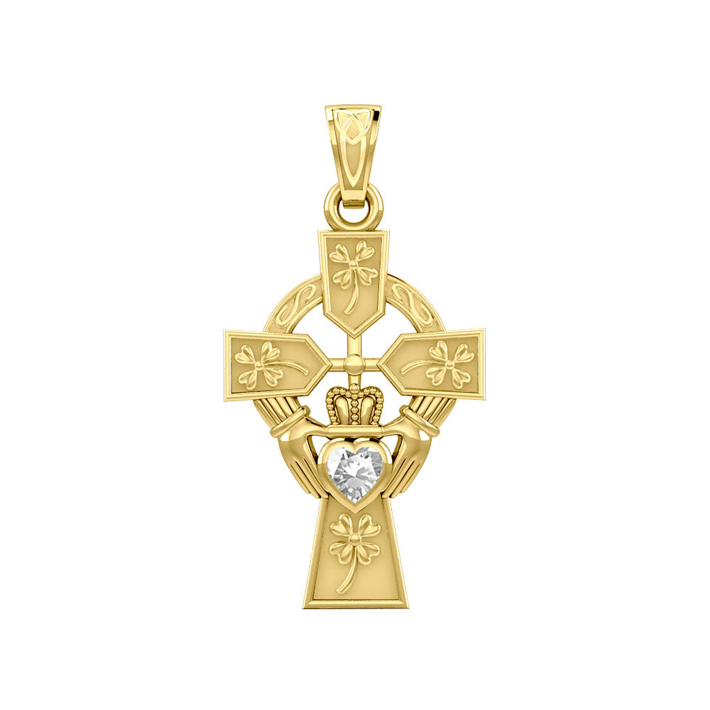 Claddagh Celtic Cross with Lucky Four Leaf Clover 14K Yellow Gold Pendant GPD5359