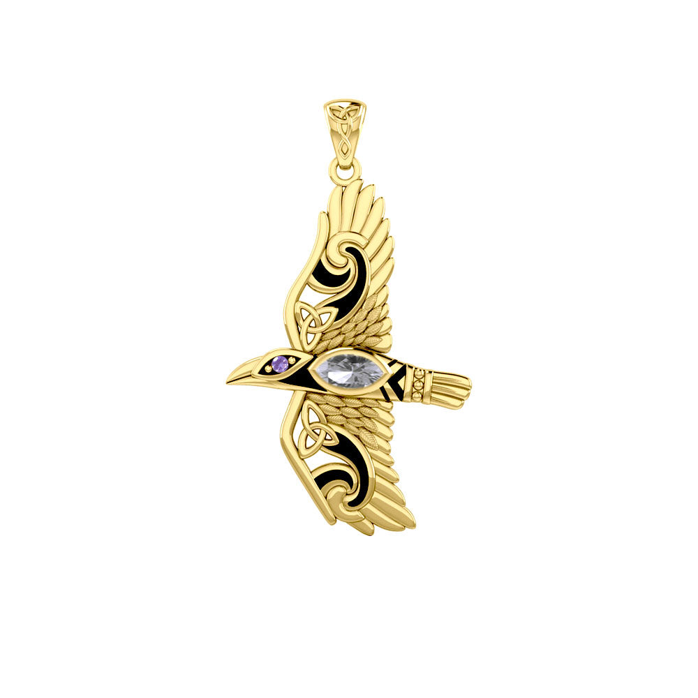 Mythical Raven 14K Yellow Gold Pendant with Gemstone GPD5382