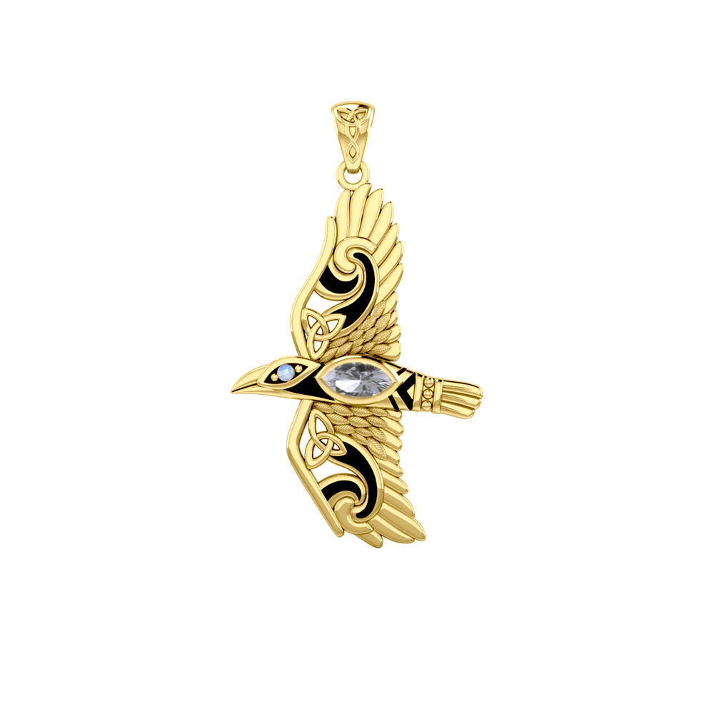 Mythical Raven 14K Yellow Gold Pendant with Gemstone GPD5382
