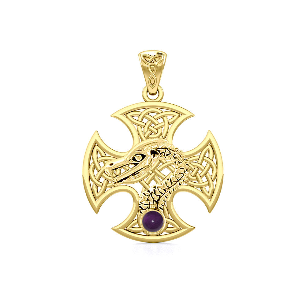 Dragon with Celtic Cross Solid Gold Pendant GPD5818