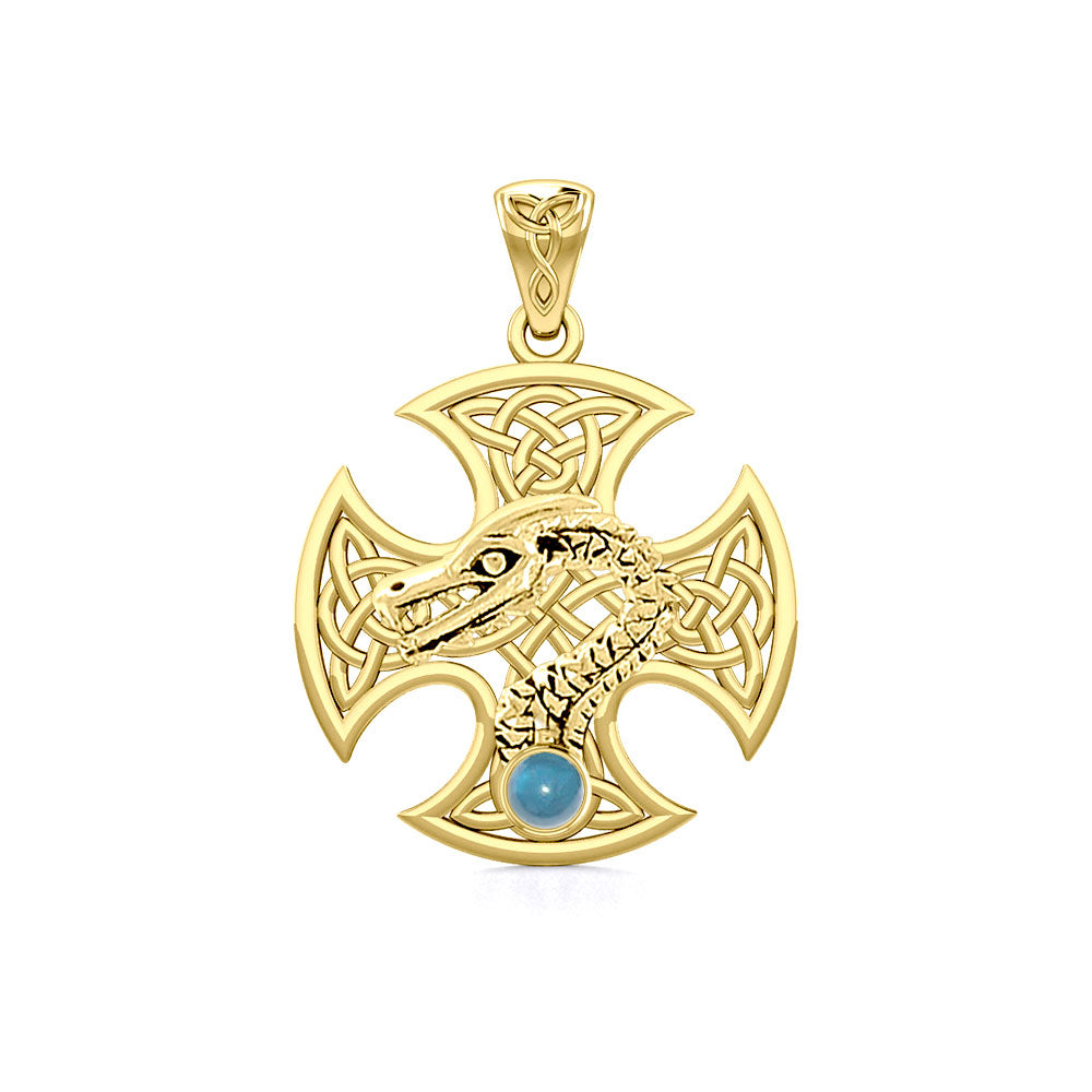 Dragon with Celtic Cross Solid Gold Pendant GPD5818