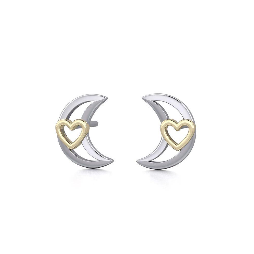 The Golden Heart in Crescent Moon Silver Post Earrings MER1779 - Jewelry
