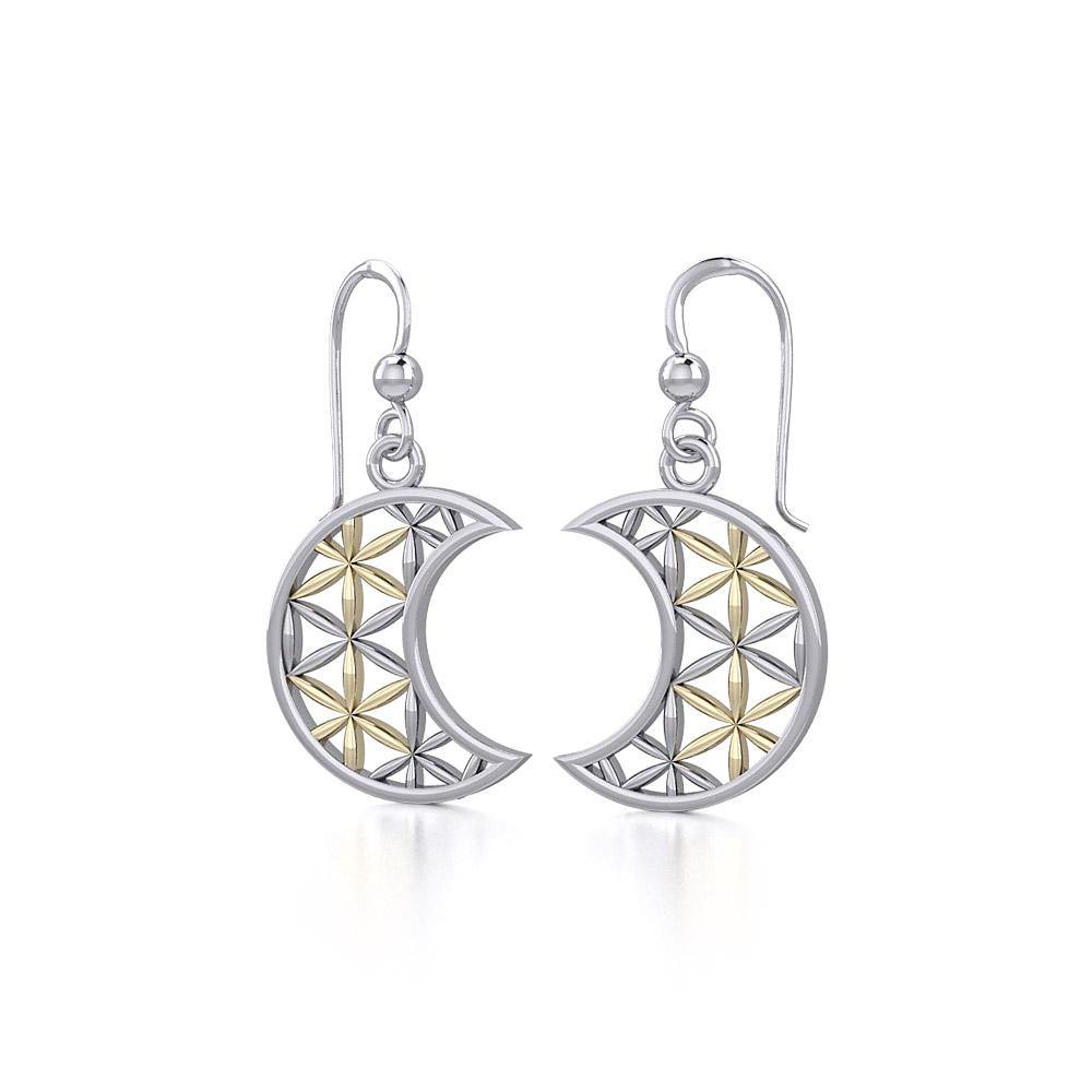 The Flower of Life in Crescent Moon Silver and Gold Earrings MER1780 - Jewelry