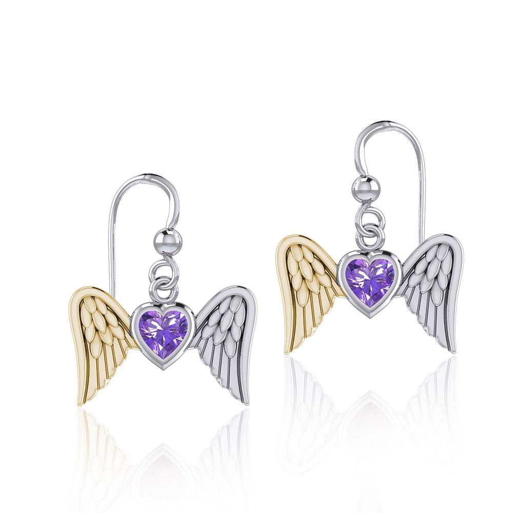 Gemstone Heart and Flying Angel Wings Silver and Gold Earrings MER1782 - Jewelry