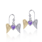 Gemstone Heart and Flying Angel Wings Silver and Gold Earrings MER1782 - Jewelry