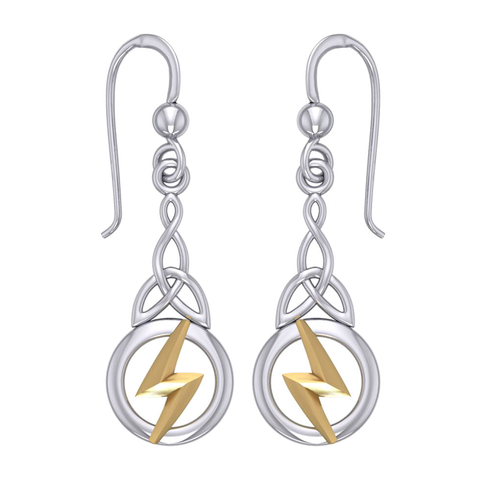 Zeus God Lightning Bolt with Celtic Trinity Knot Silver and Gold Earrings MER1966